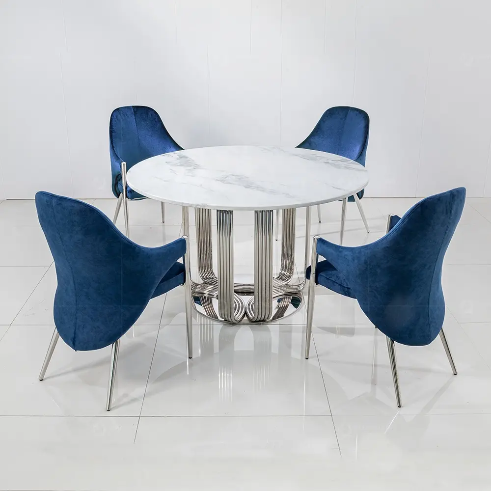 New design round dining table set stainless steel faux marble top dining table