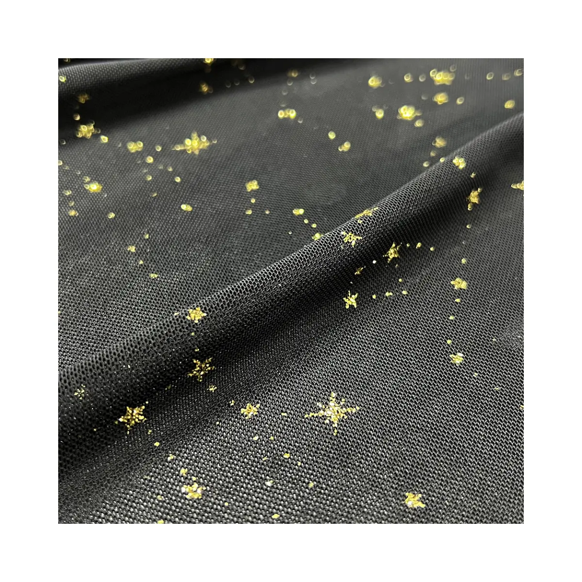 파티 패션 금박 스타 디자인 인쇄 블랙 부드러운 반짝이 얇은 명주 그물 100% 폴리 에스테르 메쉬 직물 원피스