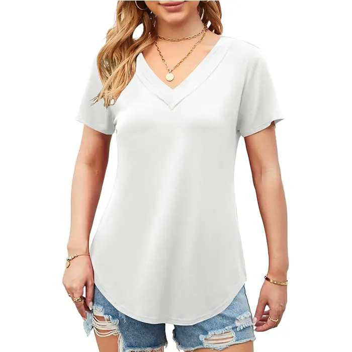 T-shirt extra long à col en V et ourlet incurvé pour femmes, tunique décontractée, hauts, t-shirts pour femmes, col en V