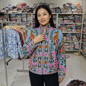 Women's Breathable Cotton TNT Embroidered Suzani <b>Velvet</b> Floral Folk Art Winter Reversible Lining Statement Outerwear <b>Jacket</b> - Product Image 1