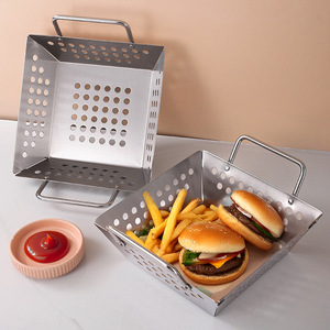 Stainless Steel Square Perforated <b>BBQ</b> <b>Tray</b> with Handle Drainage for Fruits and Vegetables - Product Image 4