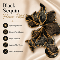 Grande applique florale noire à sequins, brodée or, à coudre, pour vêtements, robes, vestes, et projets DIY