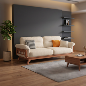 Modern Scandinavian 3 Seater Fabric <b>Sofa</b> Set with Solid Teak <b>Wood</b> <b>Frame</b> Minimalist Living Room Furniture - Product Image 3