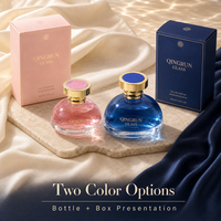 Flacon de parfum en verre transparent avec col doré et emballage assorti