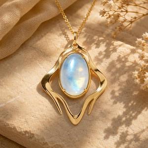 Natural Rainbow <b>Moonstone</b> Necklace 18K Gold Plated Oval Cabochon Blue Sheen Gemstone Pendant Abstract Frame <b>Jewelry</b> for Women - Product Image 2