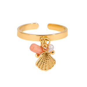 Anillo con Dije de Concha Dorada y Coral Rosa, Ajustable, Unisex, Regalo de Joyería - Product Image 1