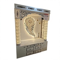 Temple blanc brillant avec un design de plumes de paon, tiroirs de rangement, mandir traditionnel pour la maison, éclairage LED, meubles de salon, USA