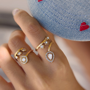 18K PVD 金不锈钢开口可调节戒指，镶有锆石，星形泪滴眼形可叠戴指环，适合女士 - Product Image 5