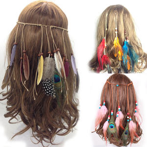 时尚波西米亚羽毛头带夹绳女士节日发饰孔雀羽毛头巾女士调节发带 - Product Image 1