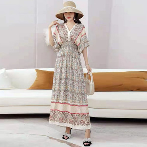 Women Summer New Vintage Floral Print <strong>Dresses</strong> V-neck <strong>Elastic</strong> Waist Short Sleeve Vacation Style Fashion Long <strong>Dress</strong> - Product Image 4