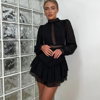 Robe trapèze personnalisée en mousseline ajourée à col mandarin, manches longues et taille haute pour femme