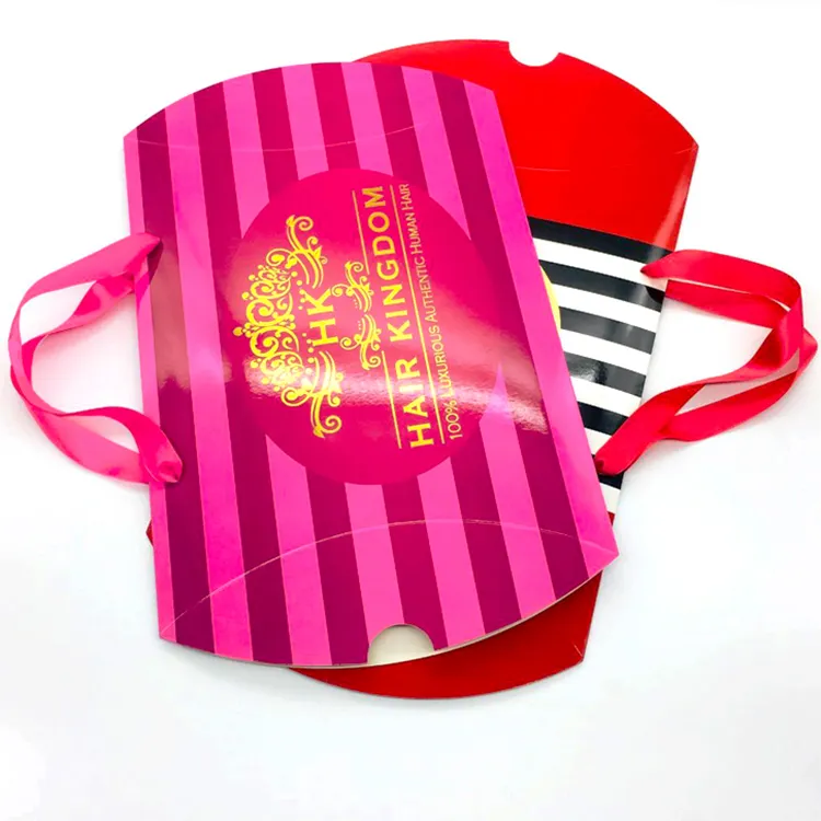 Estensione dei capelli con Logo del marchio della scatola di imballaggio per l'estensione dei capelli rosa creativa personalizzata con confezione di scatole di estensione dei capelli con manici in raso