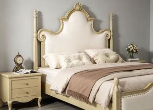 Premium <b>Queen</b> <b>Size</b> Light Wood Spindle <b>Bed</b> With Cream Upholstered Nailhead Ornate Carved Headboard For Bedroom - Product Image 6