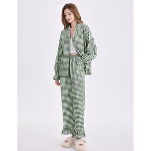 Womens Gingham Pajamas Set Cotton Plaid Long Sleeve Button Down Shirt Pants Ruffled Hem 2 Piece <b>Lounge</b> Wear - Product Image 3