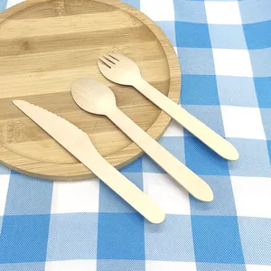 Biologisch Afbreekbaar Composteerbaar Berkenhout Bestek Sets Bulk Lepel Mes Vork Spork 140Mm 160Mm Wegwerp Houten Bestek