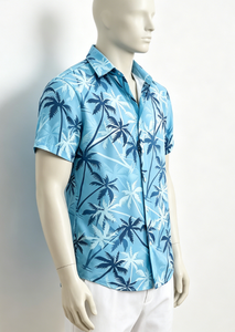 เสื้อเชิ้ตฮาวายสีน้ำเงินสำหรับผู้ชาย แขนสั้น ลายต้นปาล์ม เหมาะสำหรับวันหยุดฤดูร้อน ปกคอเสื้อพับได้ ผ้าถักระบายอากาศได้ดี - Product Image 4