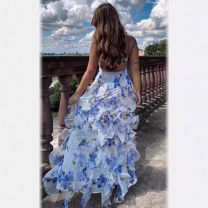 Robe de soirée longue en mousseline à imprimé floral, épaules dénudées, taille empire, avec superposition transparente, élégante pour femme - Product Image 3