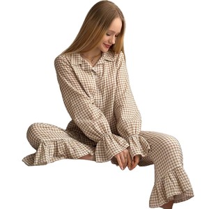 Set <span class=keywords><strong>Pigiama</strong></span> a Quadri con Bordo in Pizzo per Donna, Morbido <span class=keywords><strong>Cotone</strong></span>, Comodo per Autunno e Inverno, Casual per Casa, 100% <span class=keywords><strong>Cotone</strong></span> - Product Image 5