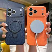 Coque de luxe en TPU avec béquille rotative pour 17 Pro Max, motif paysage urbain, finition litchi mate, antichoc magnétique, compatible charge sans fil
