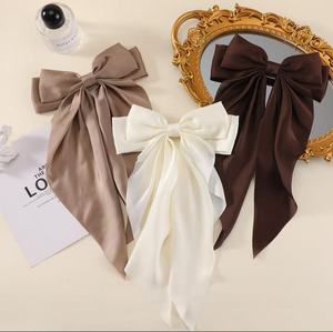 Rắn màu <span class=keywords><strong>Streamer</strong></span> tóc Bow lớn vết kẹp tóc phụ nữ sang trọng ponytail tóc quan hệ phụ kiện scrunchies Bowknot Clip - Product Image 6