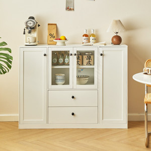 Meuble de rangement de cuisine style nordique, buffet blanc mat de 1200 mm de large avec porte vitrée, 1200x350x880mm - Product Image 1