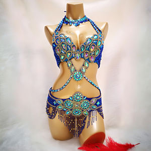 Kadın gogo şarkıcı bikini gösterisi kostüm bayanlar boncuklu kristal göbek dans kostümü giymek Bar + kemer kolye 3 adet Set seksi Bellydancing - Product Image 1