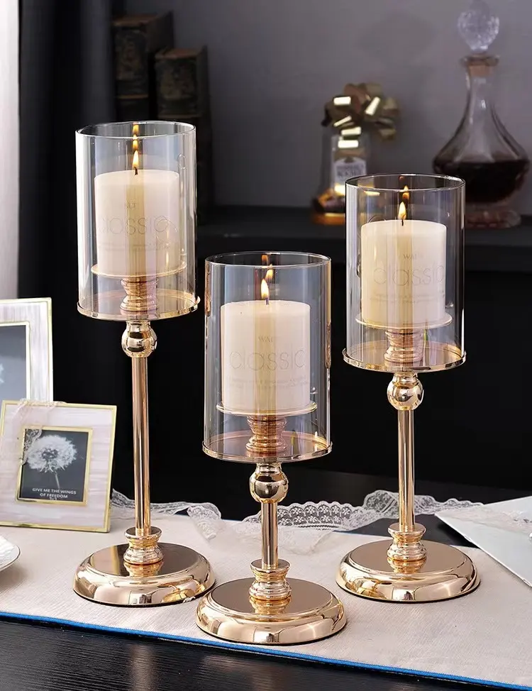 Windproof Glass Candles Base Metal Holder Wedding Table Decor Candle Candlestick Tealight Jars Retro Glass Lanterns Metal Stand