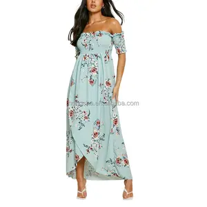 Boho elbiseler kadın yaz büzgülü kapalı omuz Maxi elbise çiçek baskı elastik Casual uzun elbiseler