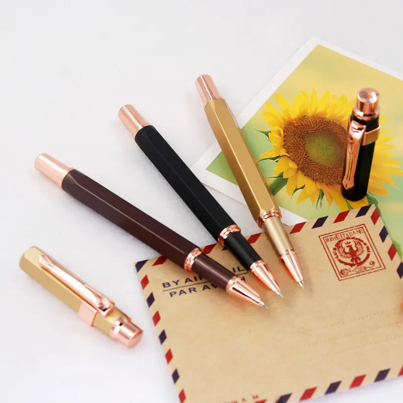 Vakmanschap Elegante Prachtige Luxe Collectie Kalligrafie Rosegolden Trim Hexagon Intrekbare Messing Pen Vulpen