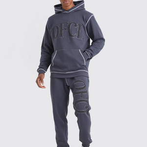 Men's Gray Hooded Sweatshirt Set With Embroidered OFCL Logo Pocket Regular Fit Casual Autumn Wear - Product Image 1