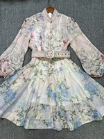 ODM/OEM Vintage Tierdruck Stehkragen Laternenärmel Gürtel Polyester A-Linie Knielang Rock Kleid Frühling