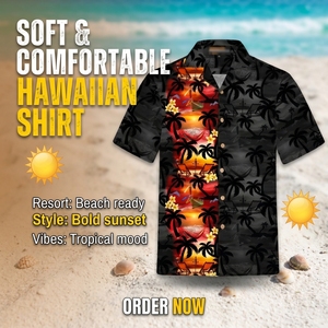 Chemise de plage à séchage rapide, imprimé tropical coucher de soleil, coupe ample, chemise hawaïenne pour homme, fabrication OEM. - Product Image 6