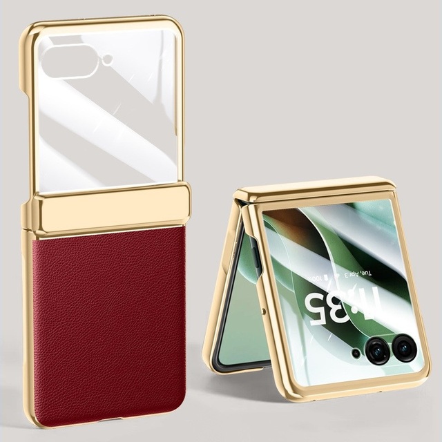 Electroplated Hinge Protection PU Leather Phone Case Screen Glass Film Shockproof Protective Cover for Motorola Razr 70 Ultra