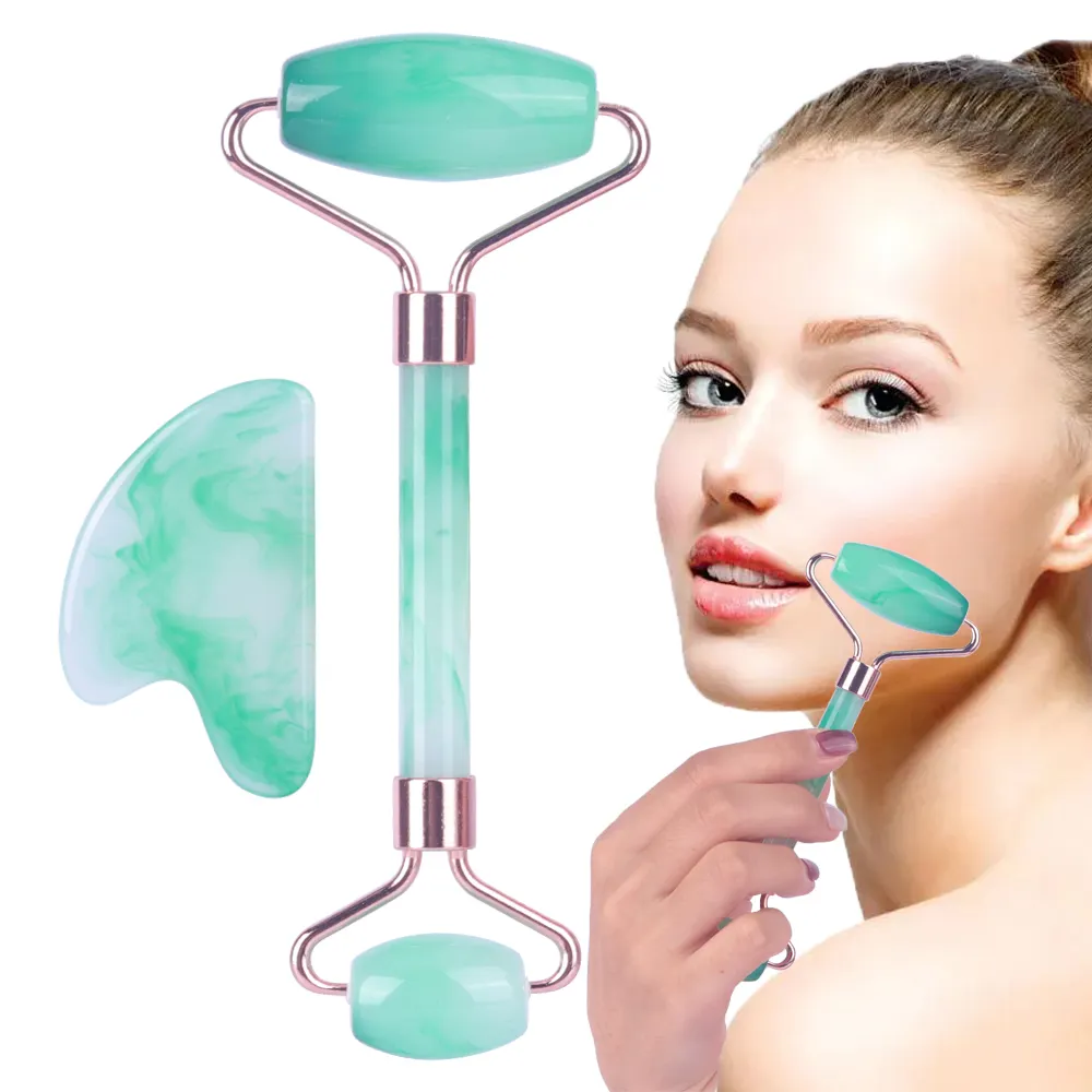 Usine vente en gros Logo personnalisé Anti-âge beauté rouleau Facial quartz Massage Gua Sha pierre Jade rouleau ensemble