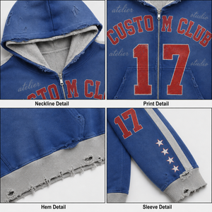 Sudadera con capucha para hombre OEM con cremallera, estilo vintage, con bloques de color, estampado gráfico de números universitarios, patchwork desgastado, estilo urbano y logotipo personalizado - Product Image 3