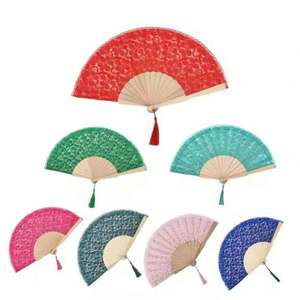 Abanico de mano ecológico de tela de encaje multicolor con varillas de madera, diseño pintado, hecho a mano, para bodas y fiestas - Product Image 3