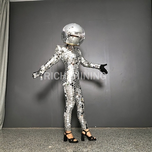 Richshining Unisexe Argent Miroir Réfléchissant Costume avec Miroir Circulaire Casque <span class=keywords><strong>Disco</strong></span> Paillettes Costumes de Scène pour Bar Party Show - Product Image 1