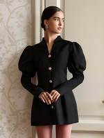 Robe élégante à manches bouffantes pour femmes, col en V, simple boutonnage, robe cintrée unie, robe de soirée pour femme, mode 2025