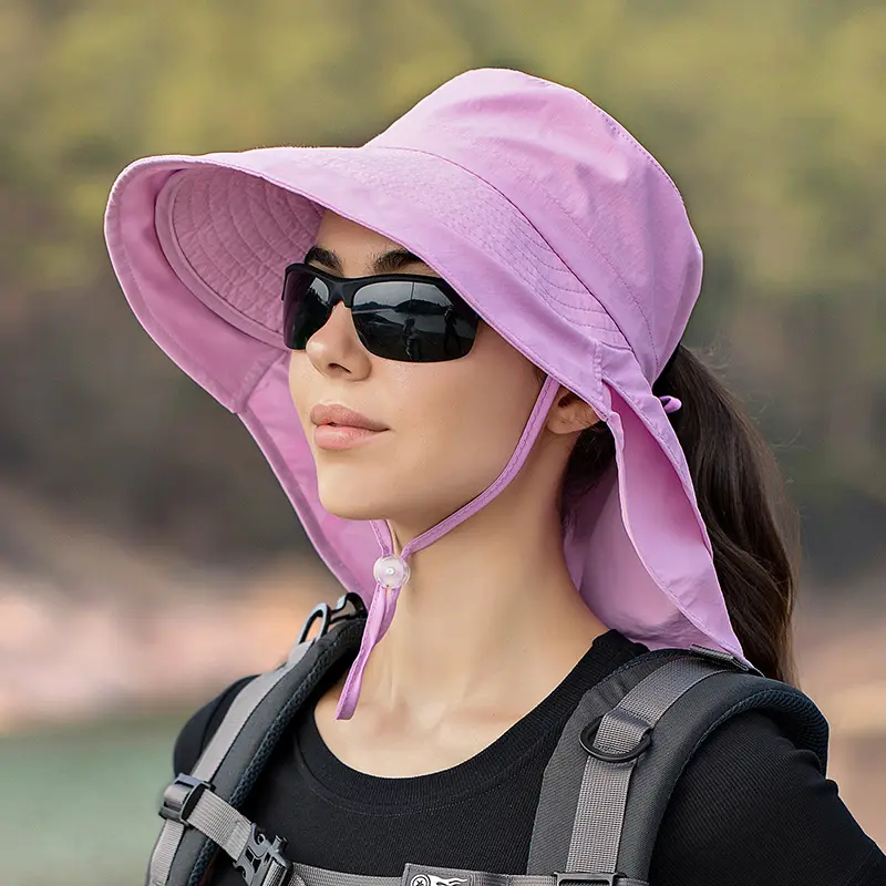 New Arrival Summer Sun Cap For Women Breathable Bucket Hat With Neck Flap Outdoor Hiking Hats with Ponytail Hole