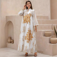 Abaya ample et respirante à col montant, broderie florale à sequins épais, manches à bordure dorée, en polyester, pour mariage musulman, style maxi kaftan