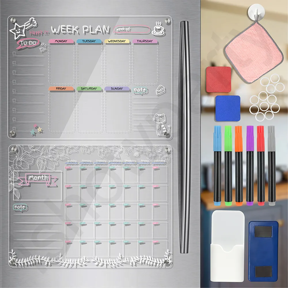 Aangepaste Acryl Kalender Voor Koelkast Magnetische Droog Wissen Bord Kalender Helder Acryl Whiteboard