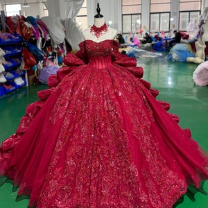Robe de bal moderne rouge Xs262 pour Quinceañera, style princesse, dos nu, ornée de perles, avec traîne chapelle, longueur ras du sol, pour occasions spéciales - Product Image 2