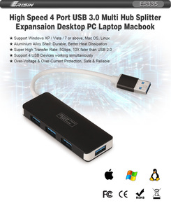 Erisin <span class=keywords><strong>ES335</strong></span> Hub USB 3.0 haute vitesse à 4 ports, multi-splitter, extension pour ordinateur de bureau, ordinateur portable, Macbook et Android 9.0 ou supérieur, autoradio DVD - Product Image 2