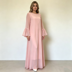 Vestidos Maxi Abaya Casuales y Modestos para Mujer, de Gasa Rosa Bebé Sólida, <span class=keywords><strong>con</strong></span> Cuello Redondo, Manga Larga <span class=keywords><strong>con</strong></span> Volantes, Forrados y Holgados, Venta al por Mayor - Product Image 4