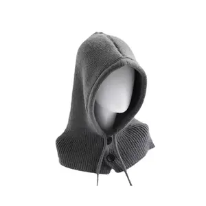 Wholesale Custom Logo Fashion Winter Warm Ski Mask Hooded Hoodie Hat Pullover Knitted Drawstring Balaclava For Women