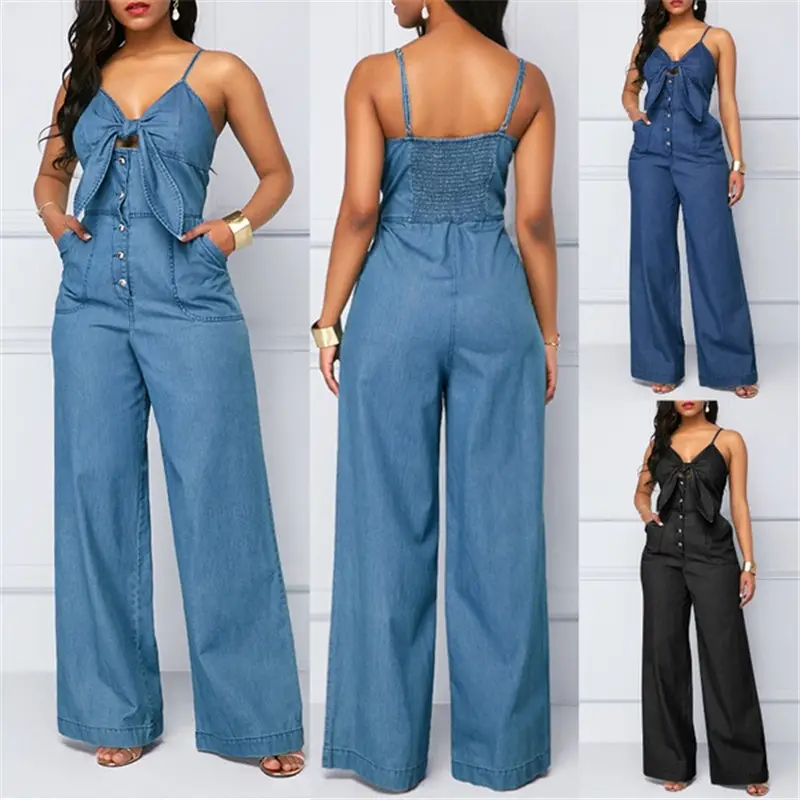 2021 factory price summer casual holiday denim sleeveless woman's wrap denim rompers jumpsuits