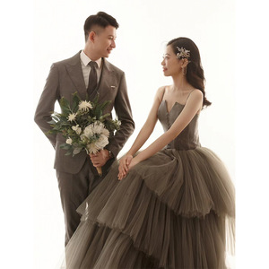 Elegant Gray Ball Gown <b>Wedding</b> <b>Dress</b> Sweetheart Neckline Tulle Long Train Natural Waistline Vintage Style Studio Couple - Product Image 4