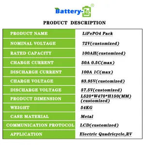 72v 100ah 80ah 120ah Lithium Battery Pack For Ev Electronic Vehicles