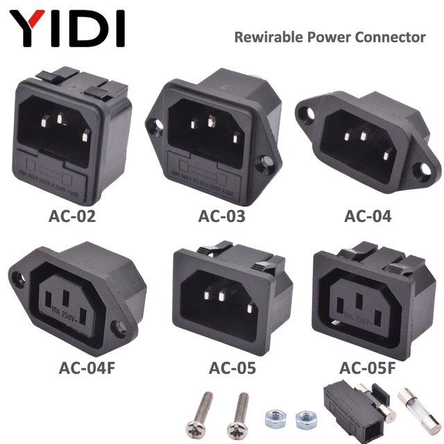 IEC AC Power Connector Inlet 10A 250V Male Female Electrical Socket 3 Pins Cable Wire Panel Mount Adapter with Double Fuse