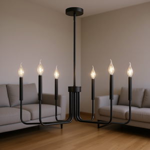 Lustre moderne à 6 lumières en fer noir E14 LED 2700K blanc chaud, hauteur réglable, luminaire suspendu pour salon - Product Image 2
